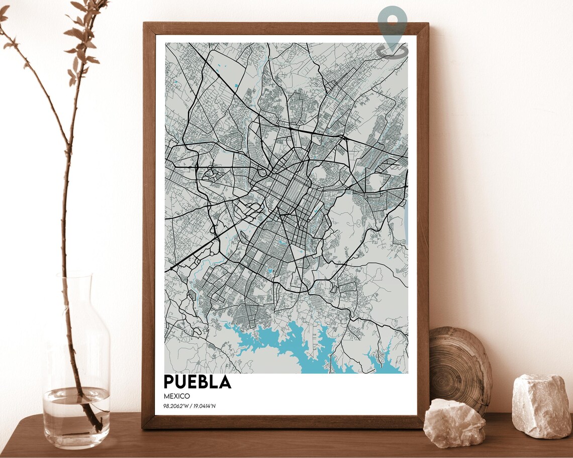 Puebla Mexico Teal Orange Minimalist City Map Home Decor Poster Art - Image 2