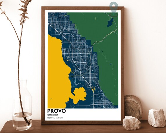 Provo Utah Navy Gold Mountain City Map Home Decor Poster Art