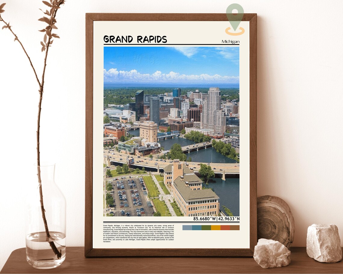 Grand Rapids Michigan Downtown River Skyline Aerial Travel Poster