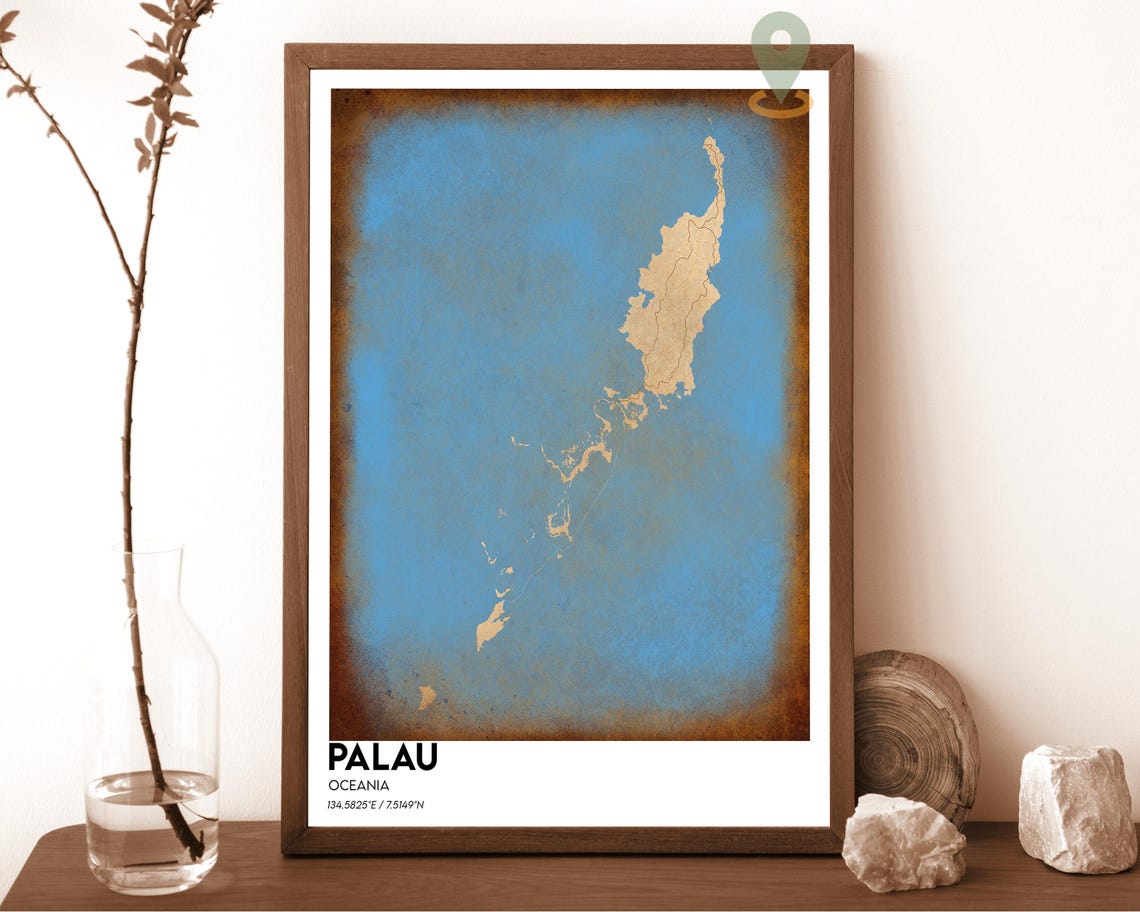 Palau Oceania Islands Navy Peach Modern Minimalist Map Poster - Image 2