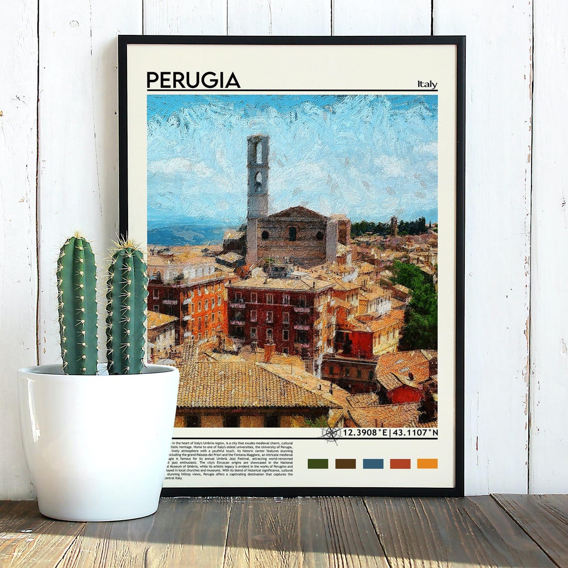 Perugia Italy Hilltop Old Town Bell Tower Painterly View Poster - Image 2
