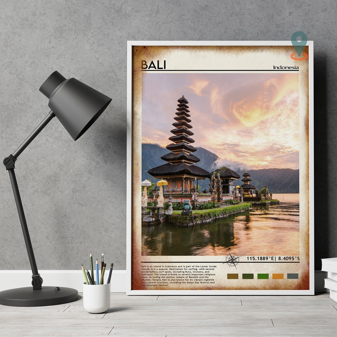 Bali Indonesia Temple Sunset Lake Reflection Tropical Travel Poster - Image 4