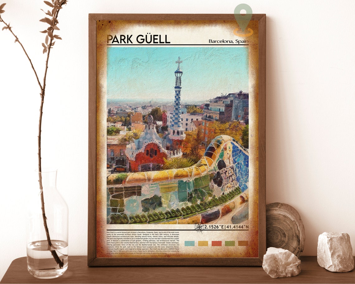 Park Guell Barcelona Gaudi Serpent Mosaic Bench Spain Travel Poster - Image 6