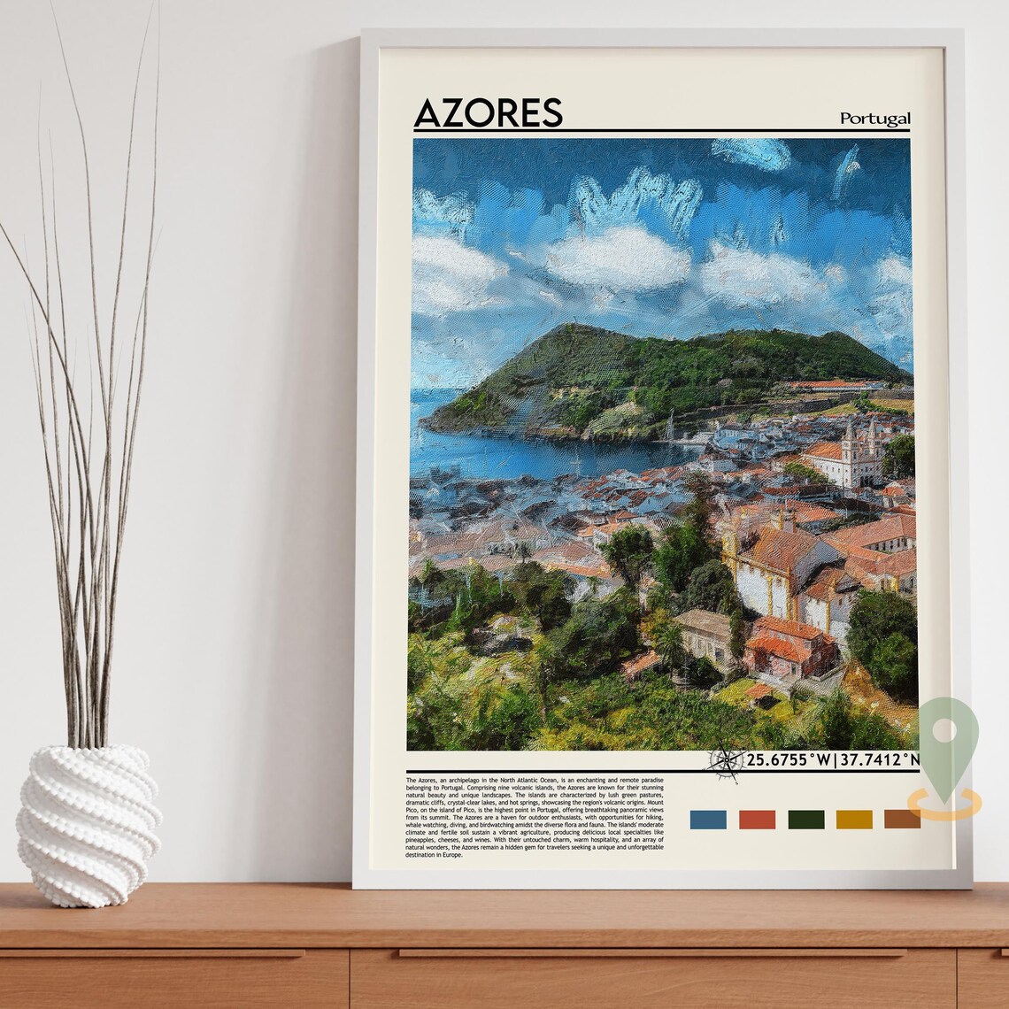 Azores Portugal Atlantic Island Harbor Town Green Hills Travel Poster - Image 5