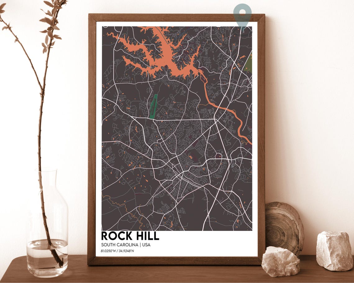 Rock Hill South Carolina Teal Green City Map Home Decor Poster - Image 4