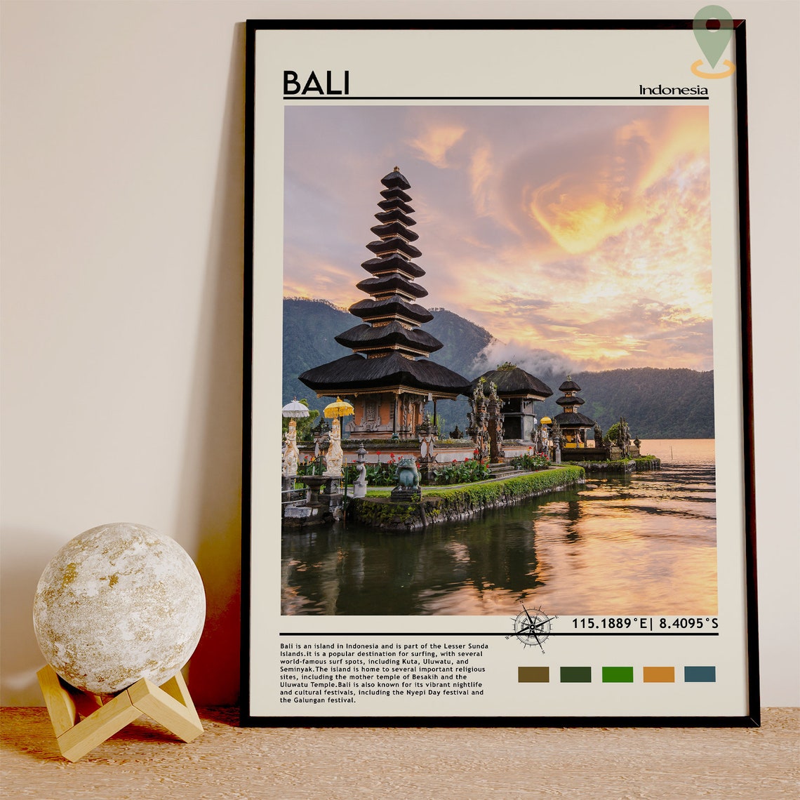 Bali Indonesia Temple Sunset Lake Reflection Tropical Travel Poster - Image 3