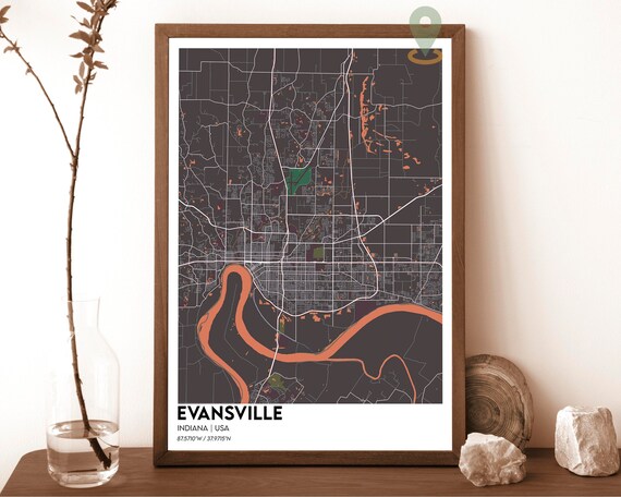 Evansville Indiana Dark Street Map Orange River City Art Poster