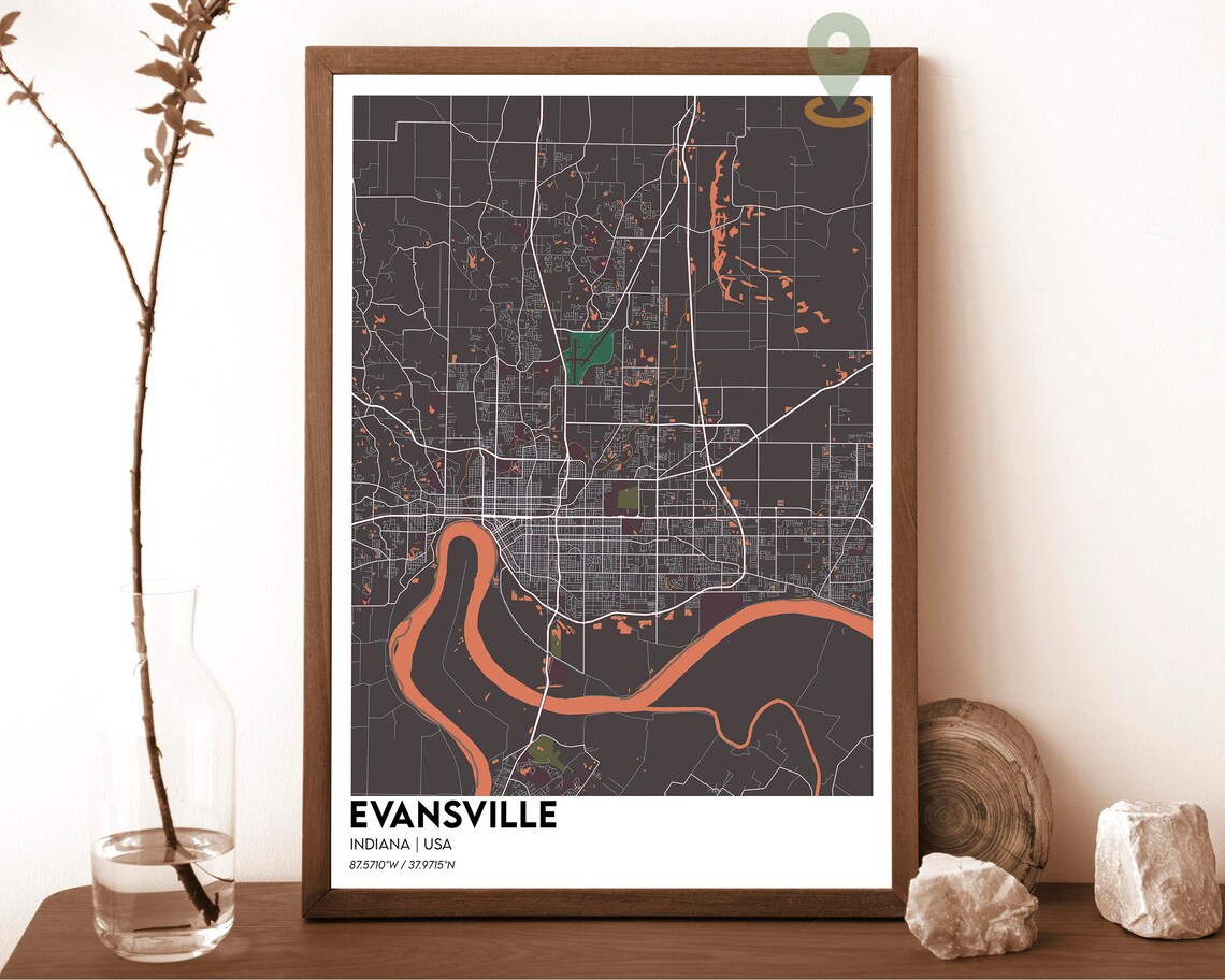 Evansville Indiana Dark Street Map Orange River City Art Poster