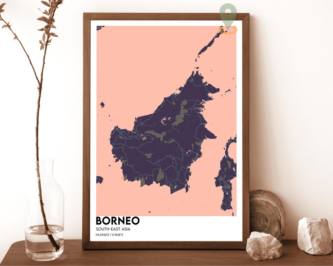 Borneo Southeast Asia Bold Golden Yellow Island Map Art Poster - Image 4