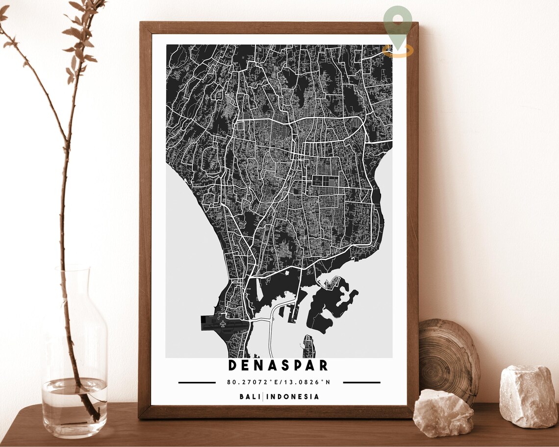 Denpasar Bali Indonesia Black And White City Street Map Coordinates Poster