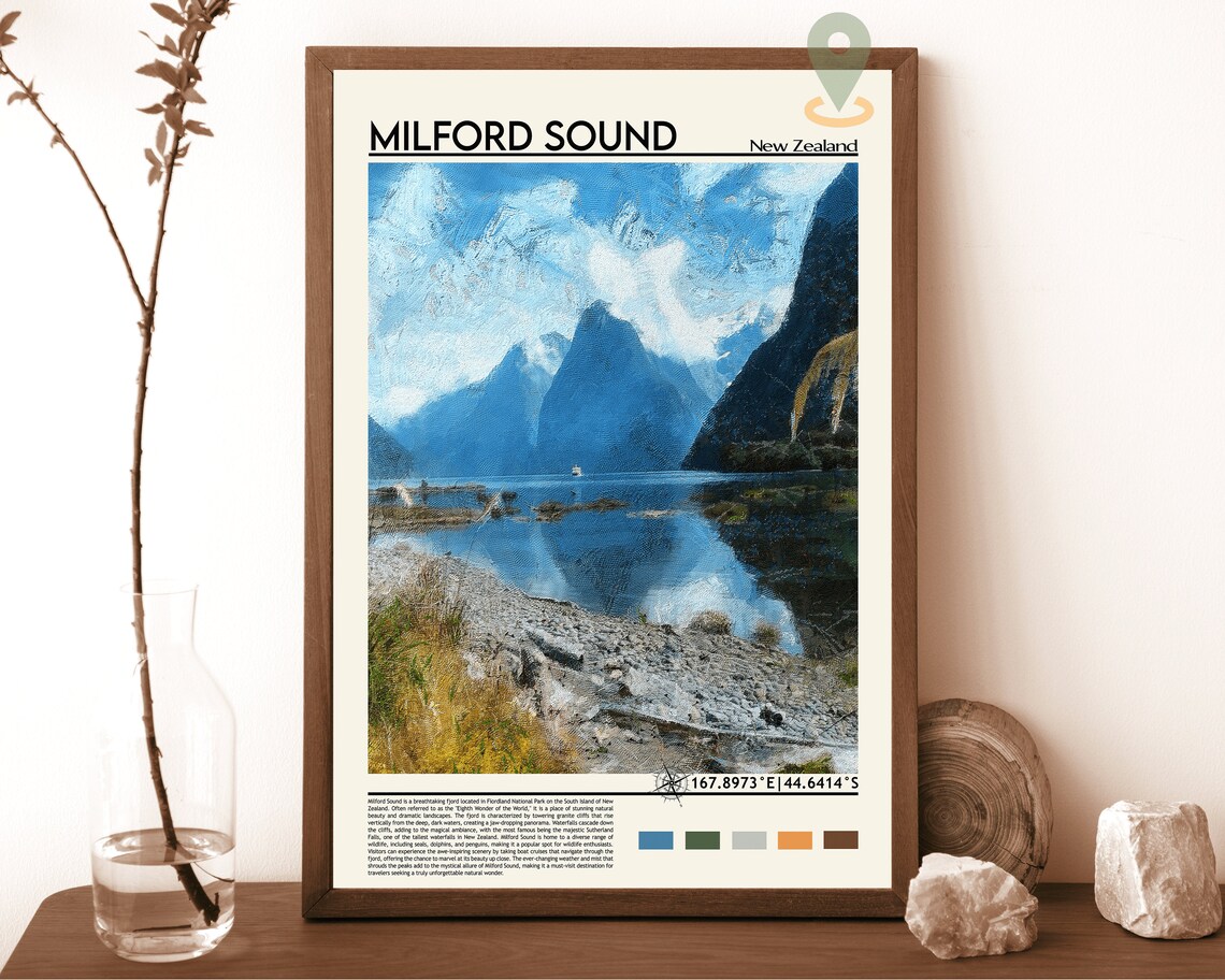 Milford Sound New Zealand Mitre Peak Fjord Painting Art Print
