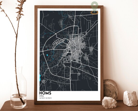 Homs Syria Midnight Navy Street Map Minimalist City Art Poster