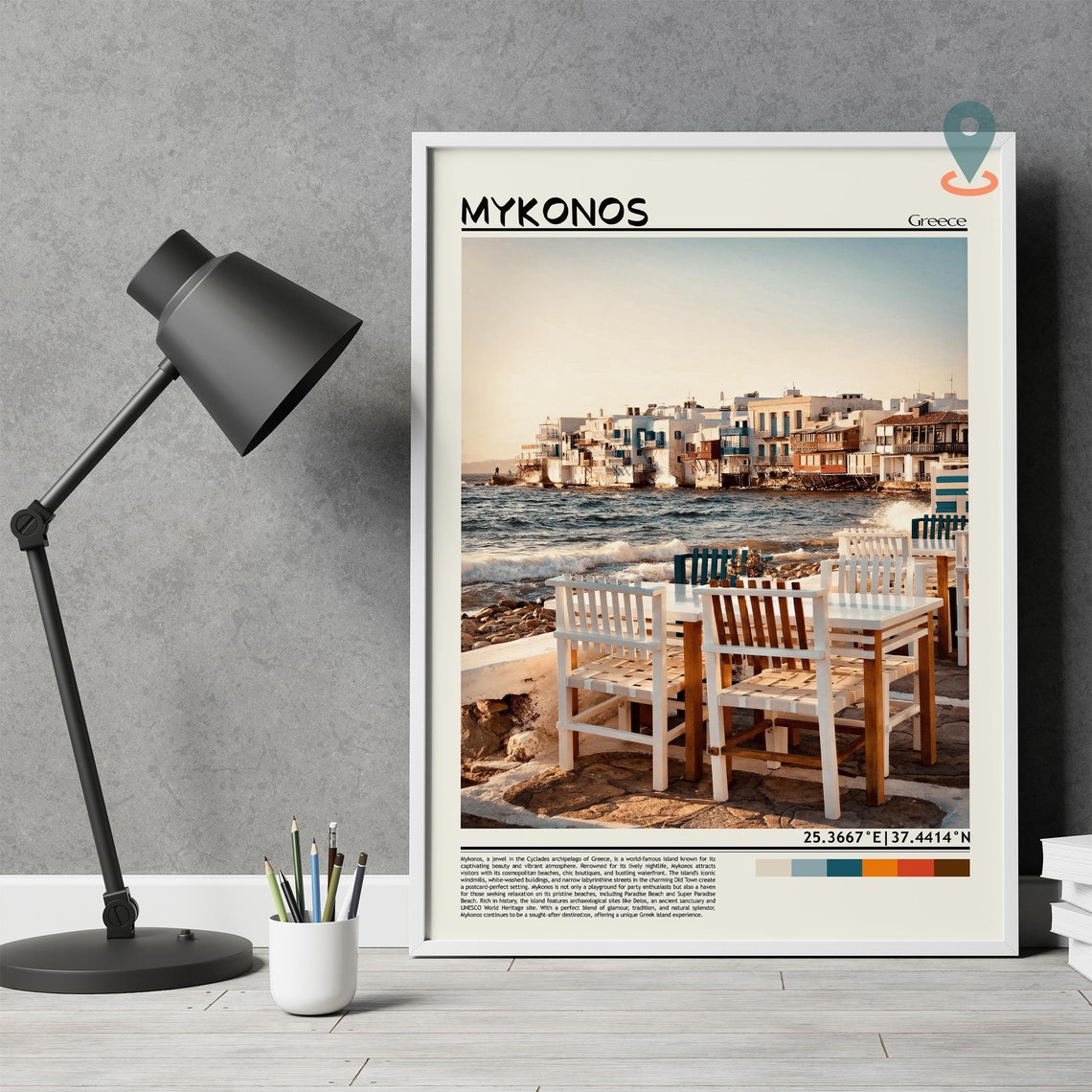 Mykonos Greece Waterfront White Chairs Seaside Sunset Poster - Image 2