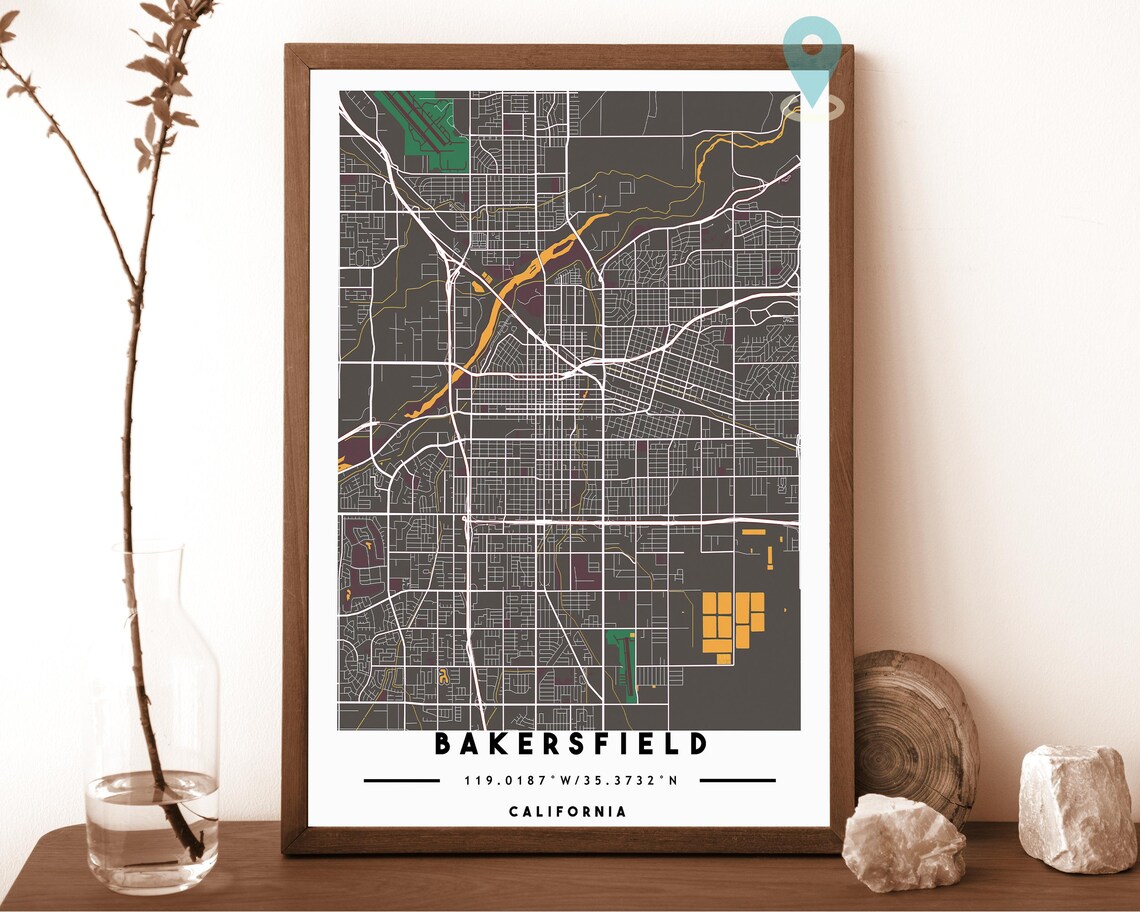 Bakersfield California charcoal with orange highlights Street Map Coordinates Poster