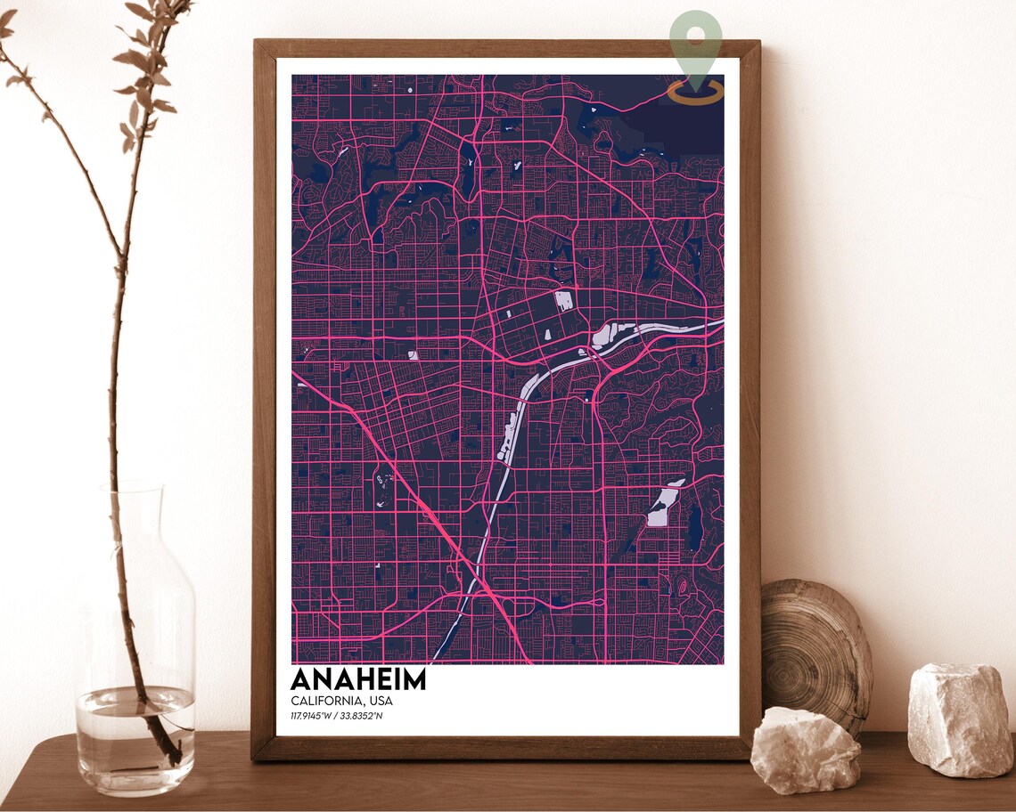 Anaheim California vintage sepia with blue river Street Map Coordinates Poster - Image 2