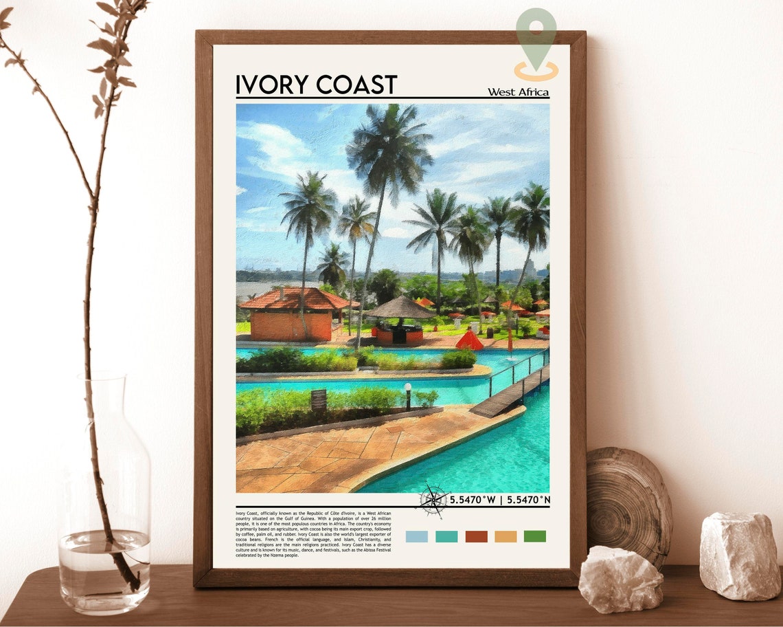 Ivory Coast West Africa Palm Resort Pool Painted Travel Poster