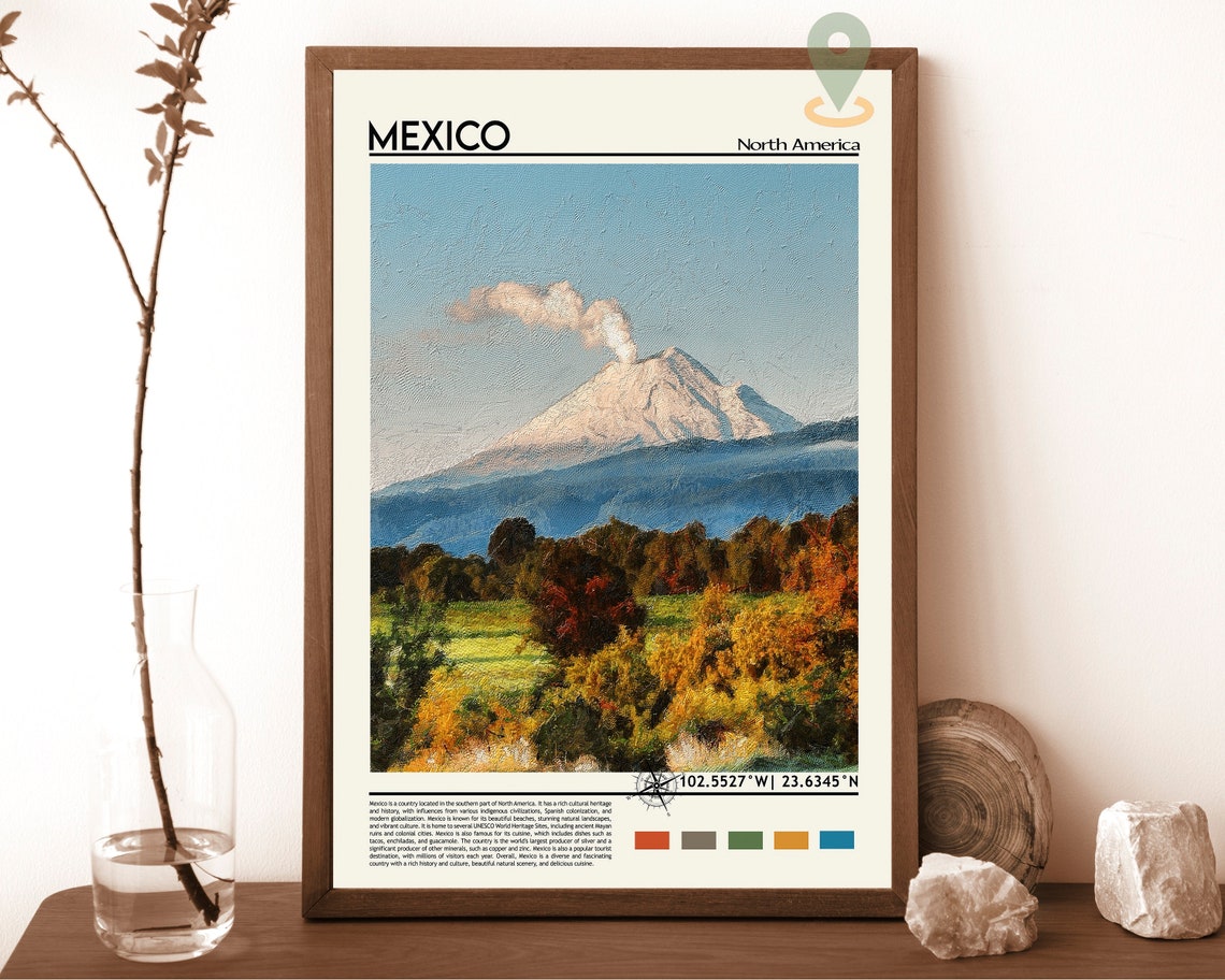 Mexico Smoking Volcano Autumn Hills Painted Landscape Travel Poster