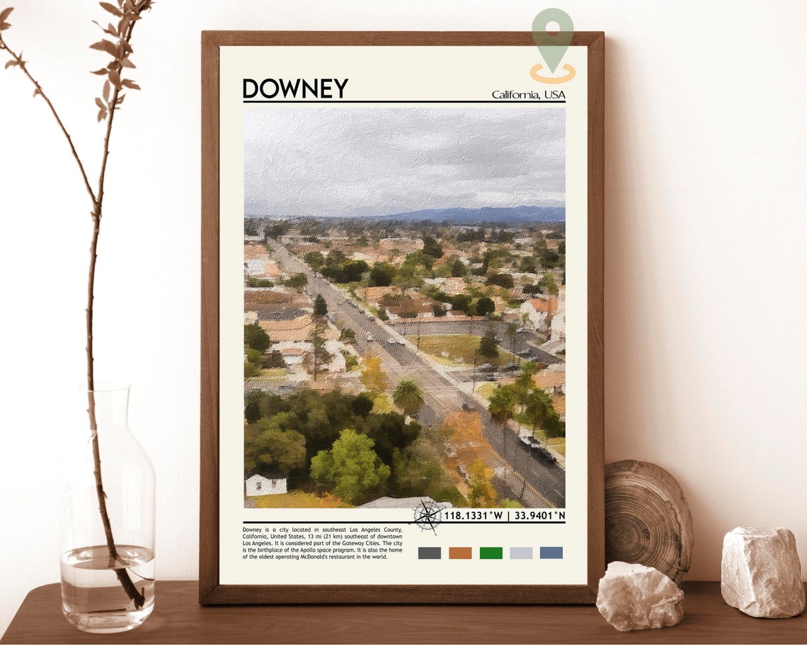 Downey California Aerial City View Watercolor Suburban Poster