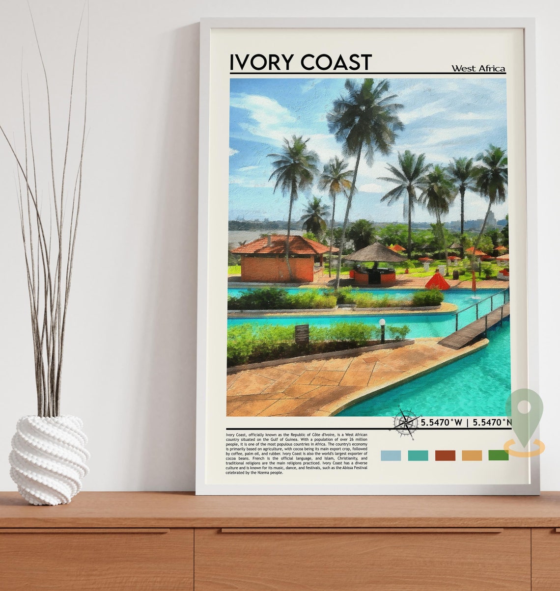 Ivory Coast West Africa Palm Resort Pool Painted Travel Poster - Image 3