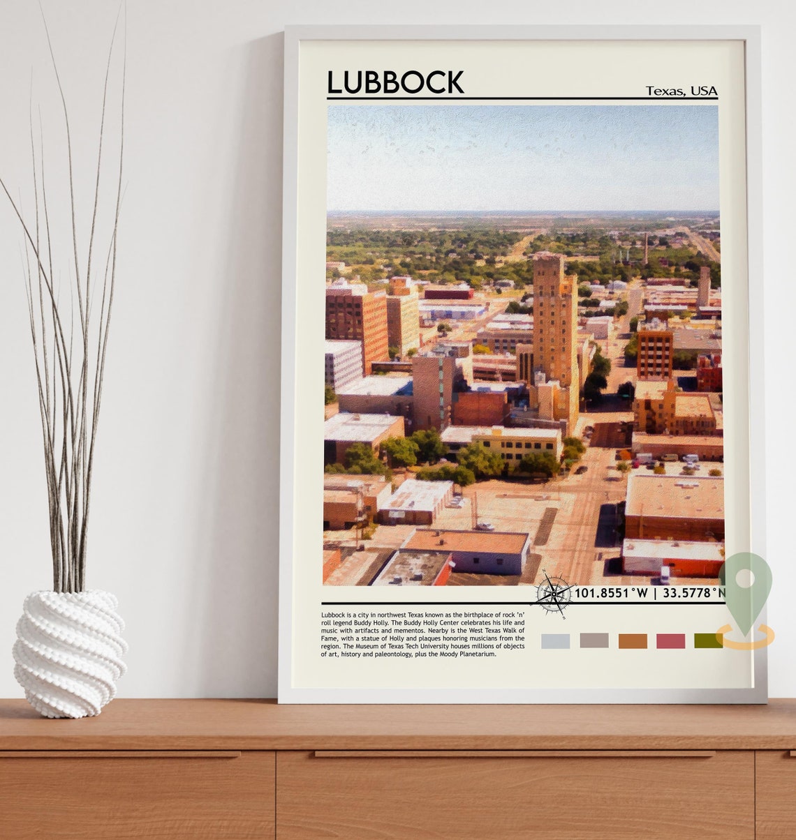 Lubbock Texas USA Downtown Aerial Skyline View Watercolor Poster - Image 3