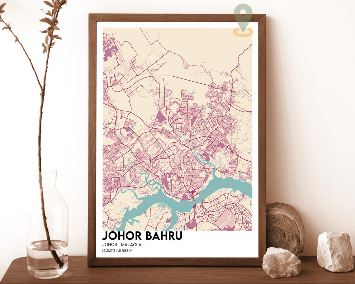 Johor Bahru Malaysia Cream Teal Minimalist City Map Wall Art - Image 2