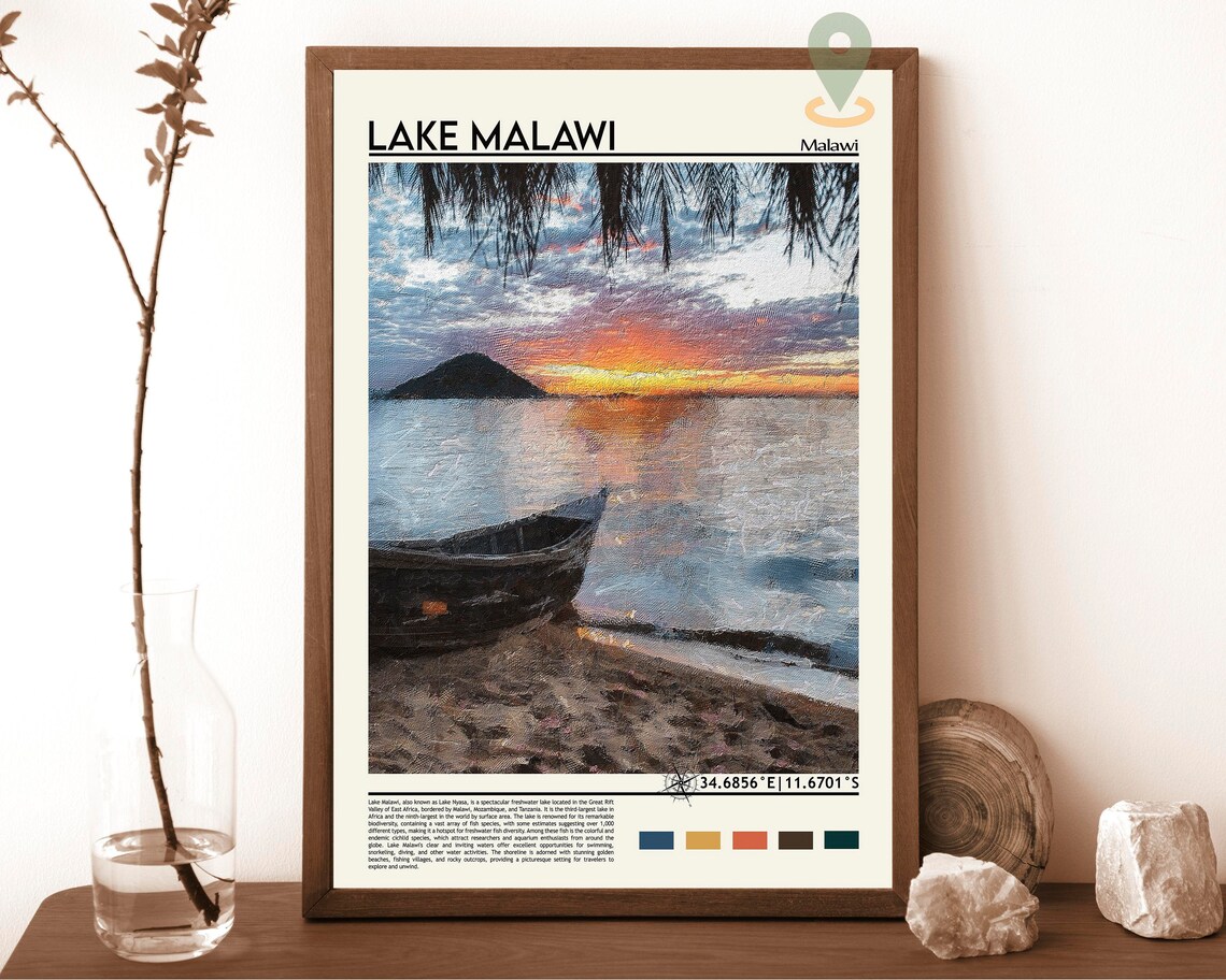 Lake Malawi Sunset Fishing Boat Golden Hour Africa Travel Poster