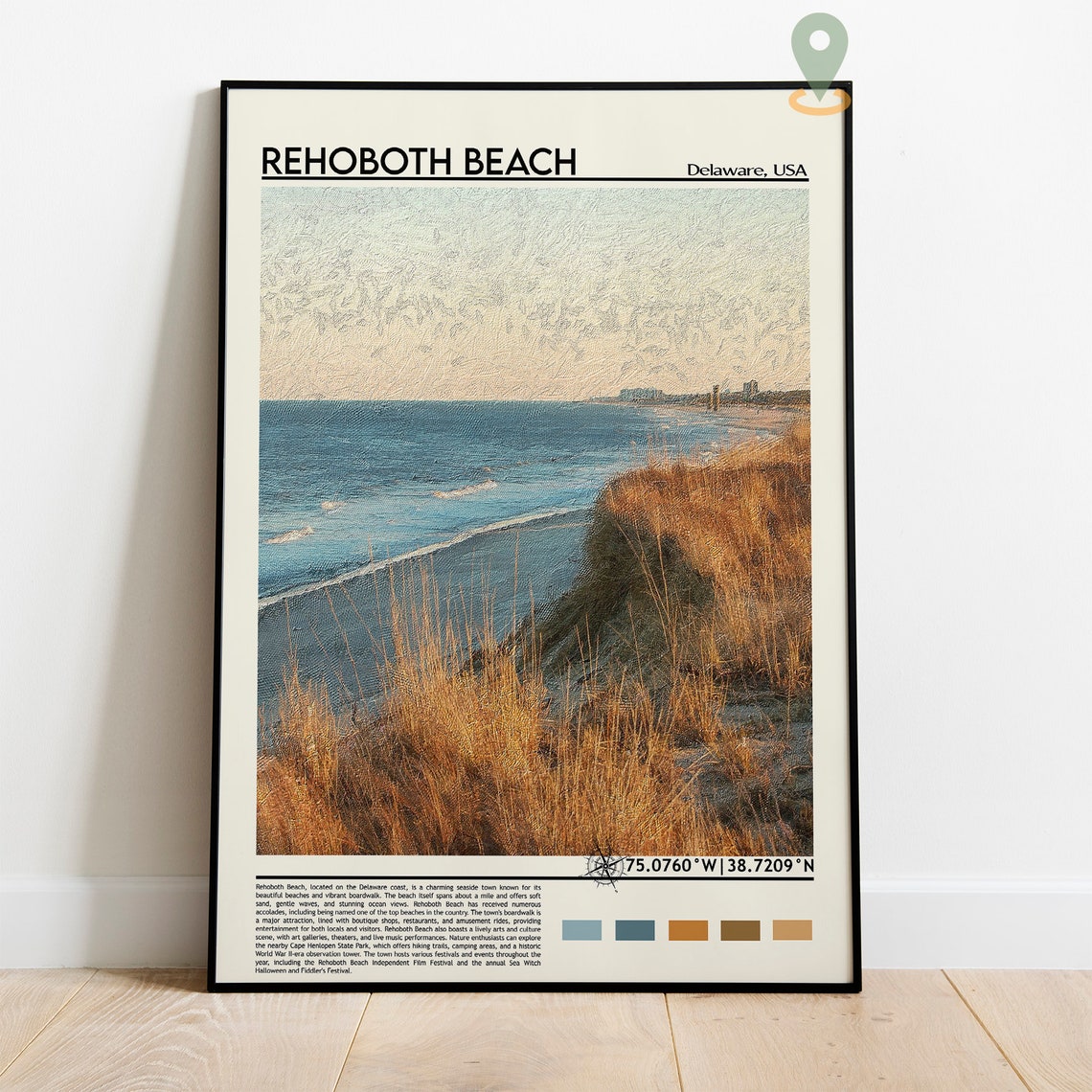 Rehoboth Beach Delaware Dunes Golden Shore Ocean Coordinate Poster - Image 2