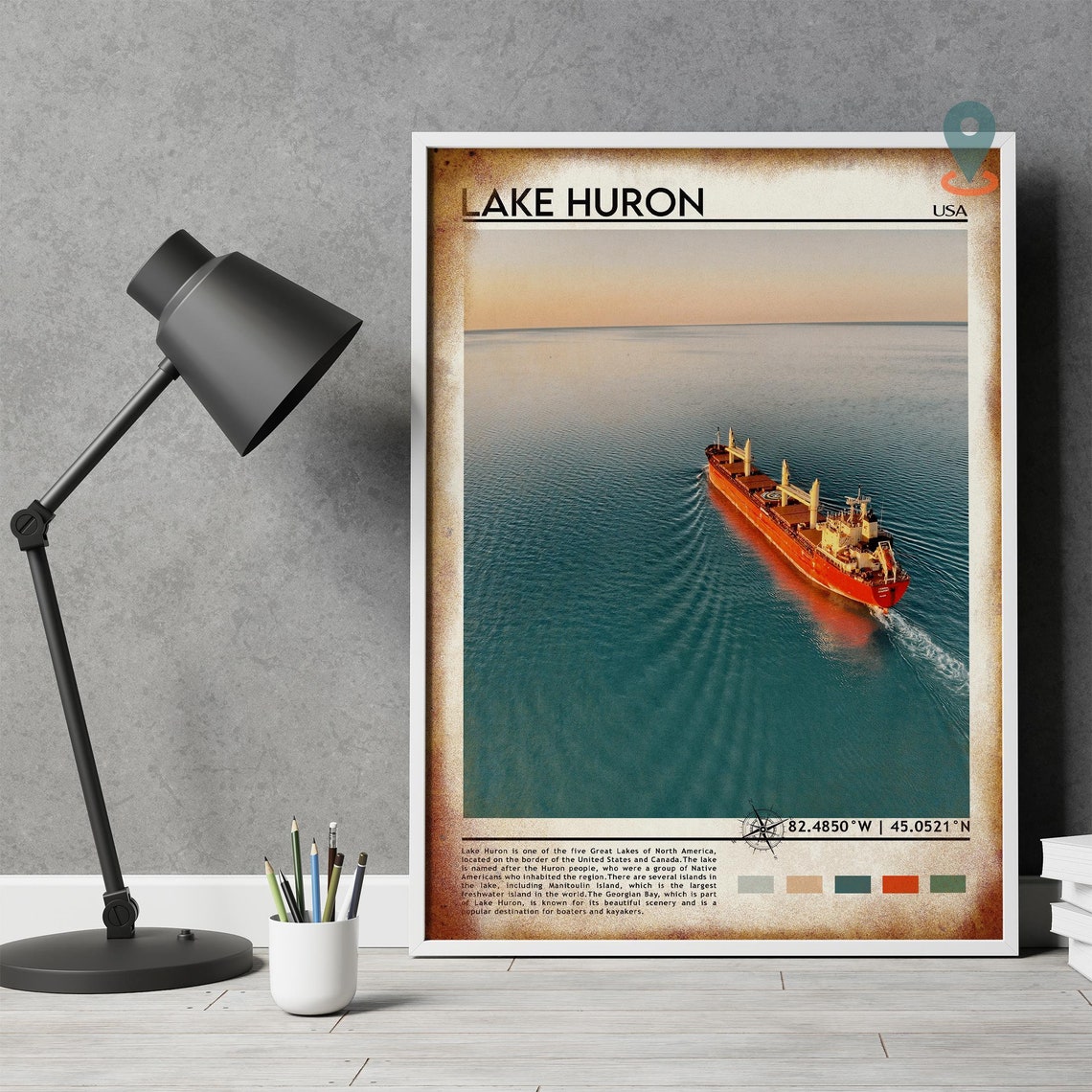Lake Huron Great Lakes Red Freighter Ship Aerial Photo Poster - Image 4
