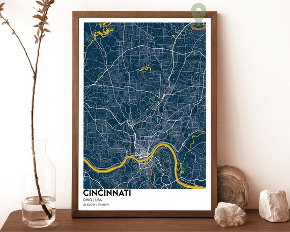 Cincinnati Ohio Street Map Golden Ohio River Navy Blue Grid Art Print