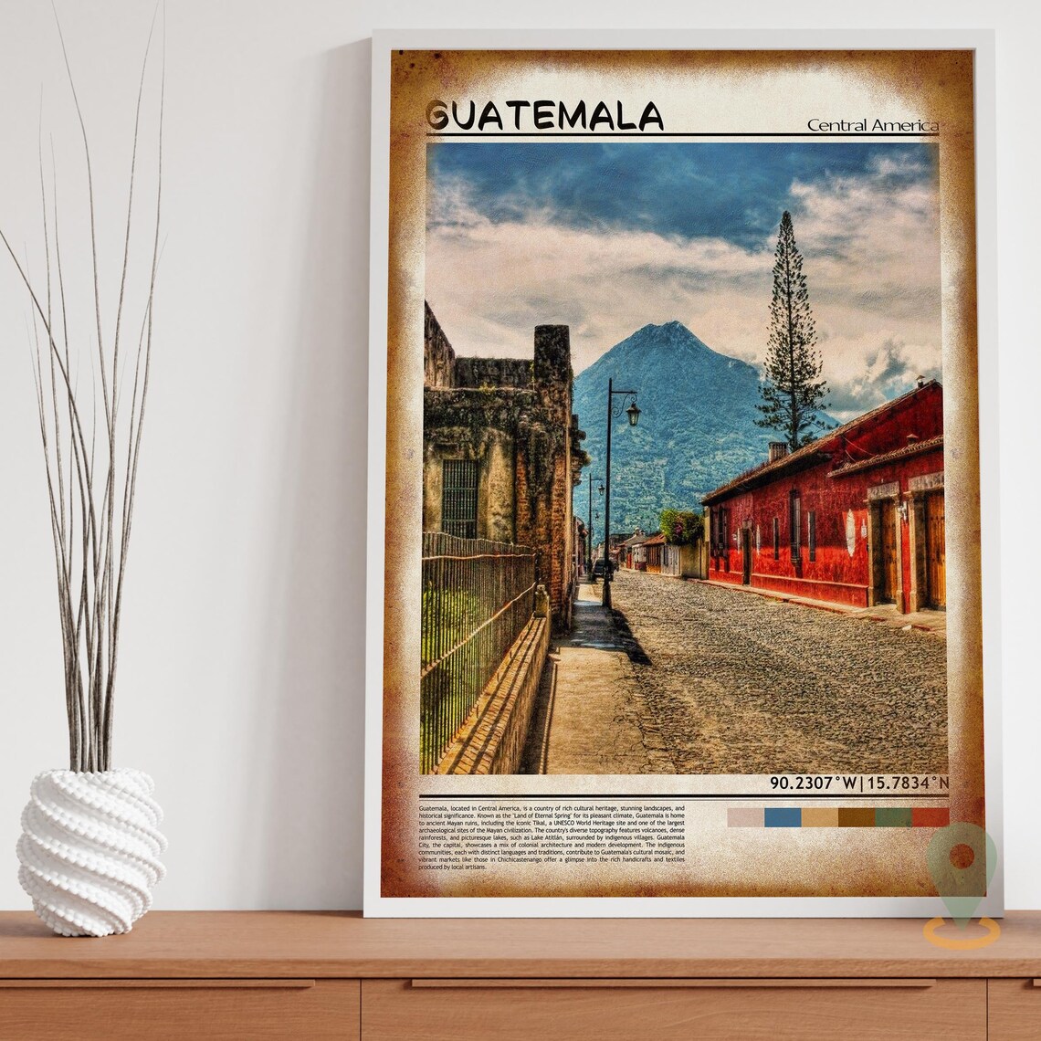 Guatemala Antigua Colonial Street and Volcano View Travel Poster - Image 3