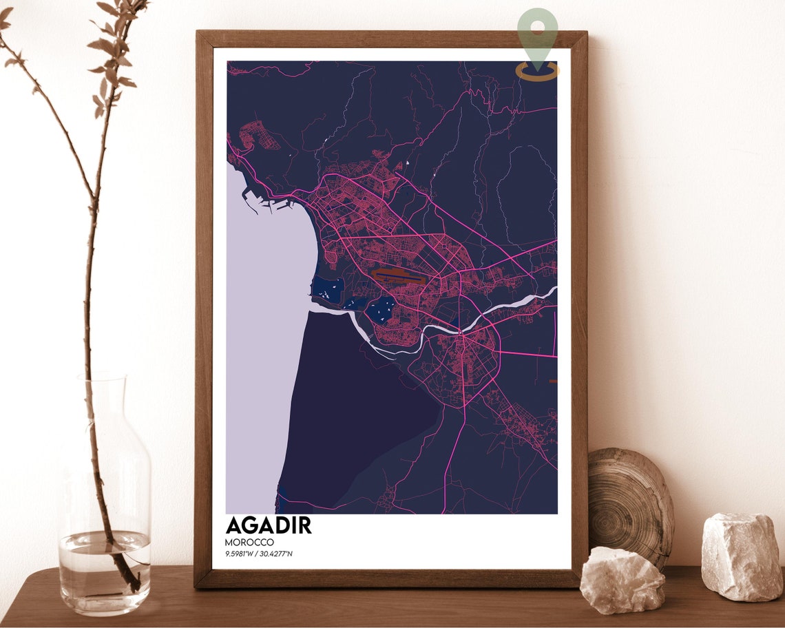 Agadir Morocco Navy Blue Yellow Minimalist City Map Wall Art - Image 3