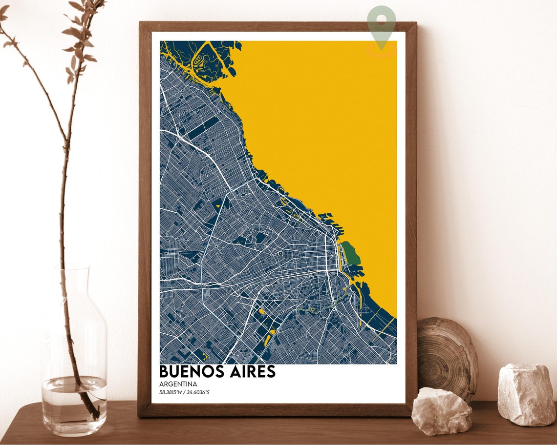 Buenos Aires Argentina City Map Art Poster Navy Yellow Modern Decor