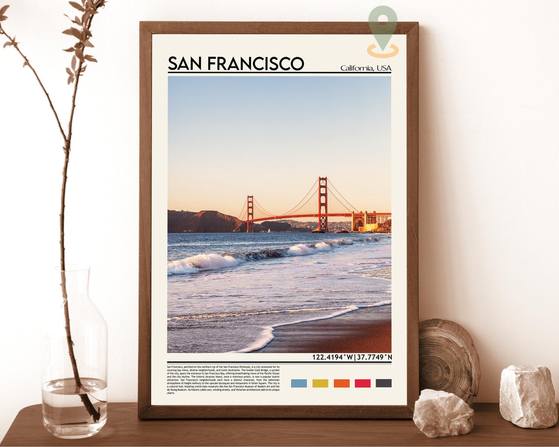 San Francisco Golden Gate Bridge Sunset Beach Waves Scene Poster