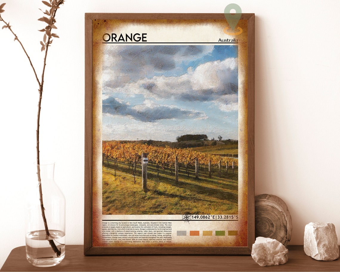 Orange Australia Golden Vineyard Rows Wine Country Travel Poster - Image 6