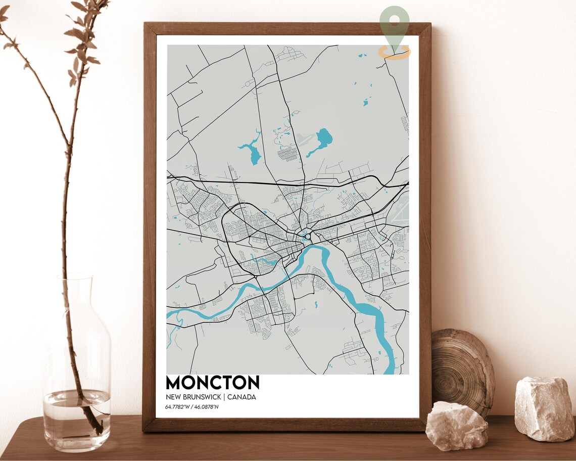Moncton New Brunswick Canada light grey with a blue river Street Map Coordinates Poster