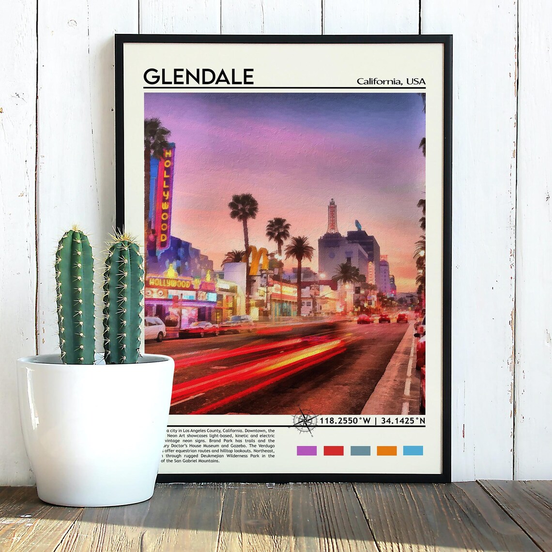 Glendale California Sunset Neon Street Watercolor City Poster - Image 5