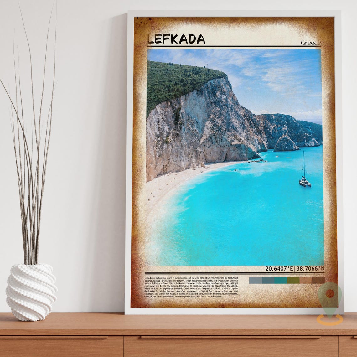 Lefkada Greece Turquoise Cliff Beach Lone Sailboat Seascape Poster - Image 4