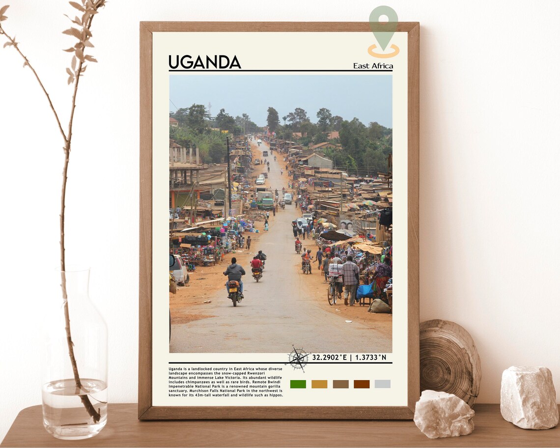 Uganda East Africa Bustling Market Street Scene Travel Poster