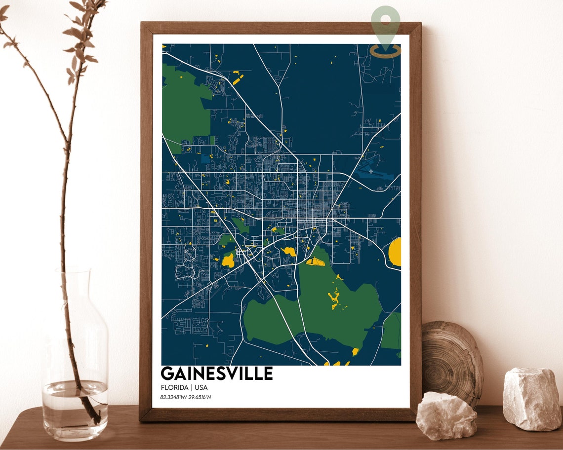 Gainesville Florida Navy Green Modern City Map Home Decor Poster