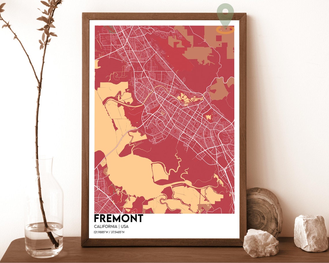 Fremont California Coral Red Modern City Map Home Decor Poster