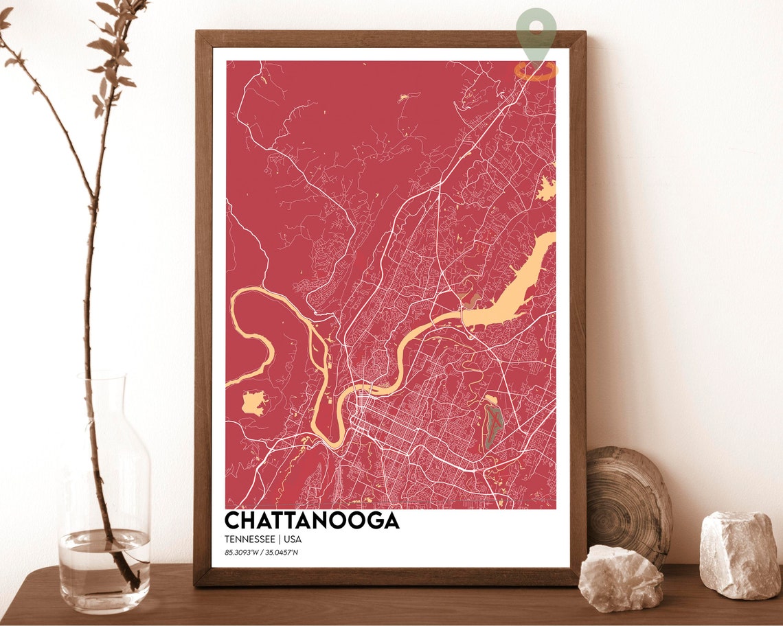 Chattanooga Tennessee Tennessee River Cyan Night City Map Art Print - Image 4