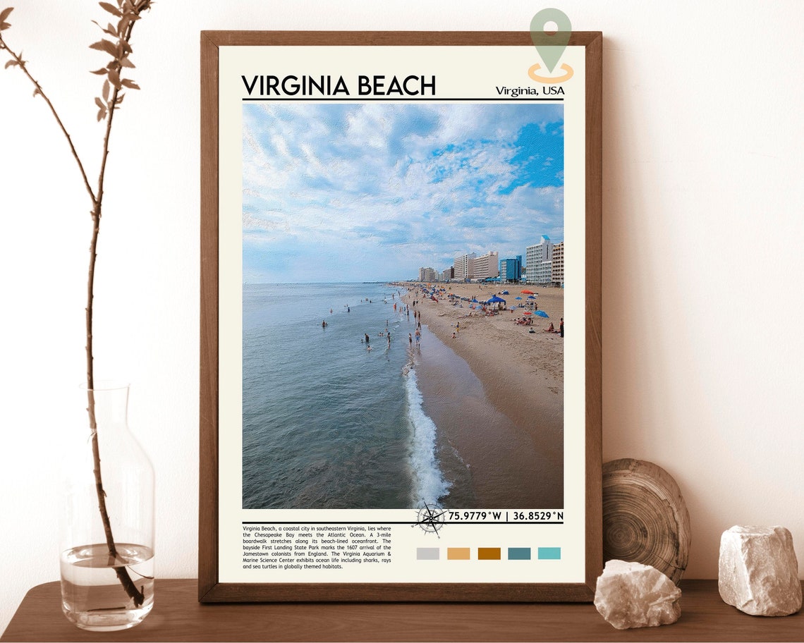 Virginia Beach Oceanfront Aerial Crowded Sandy Shoreline Travel Poster