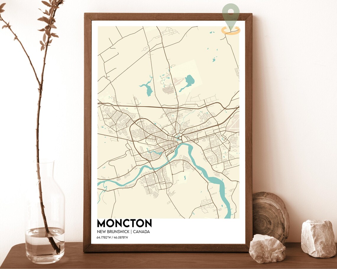 Moncton New Brunswick Canada light grey with a blue river Street Map Coordinates Poster - Image 5