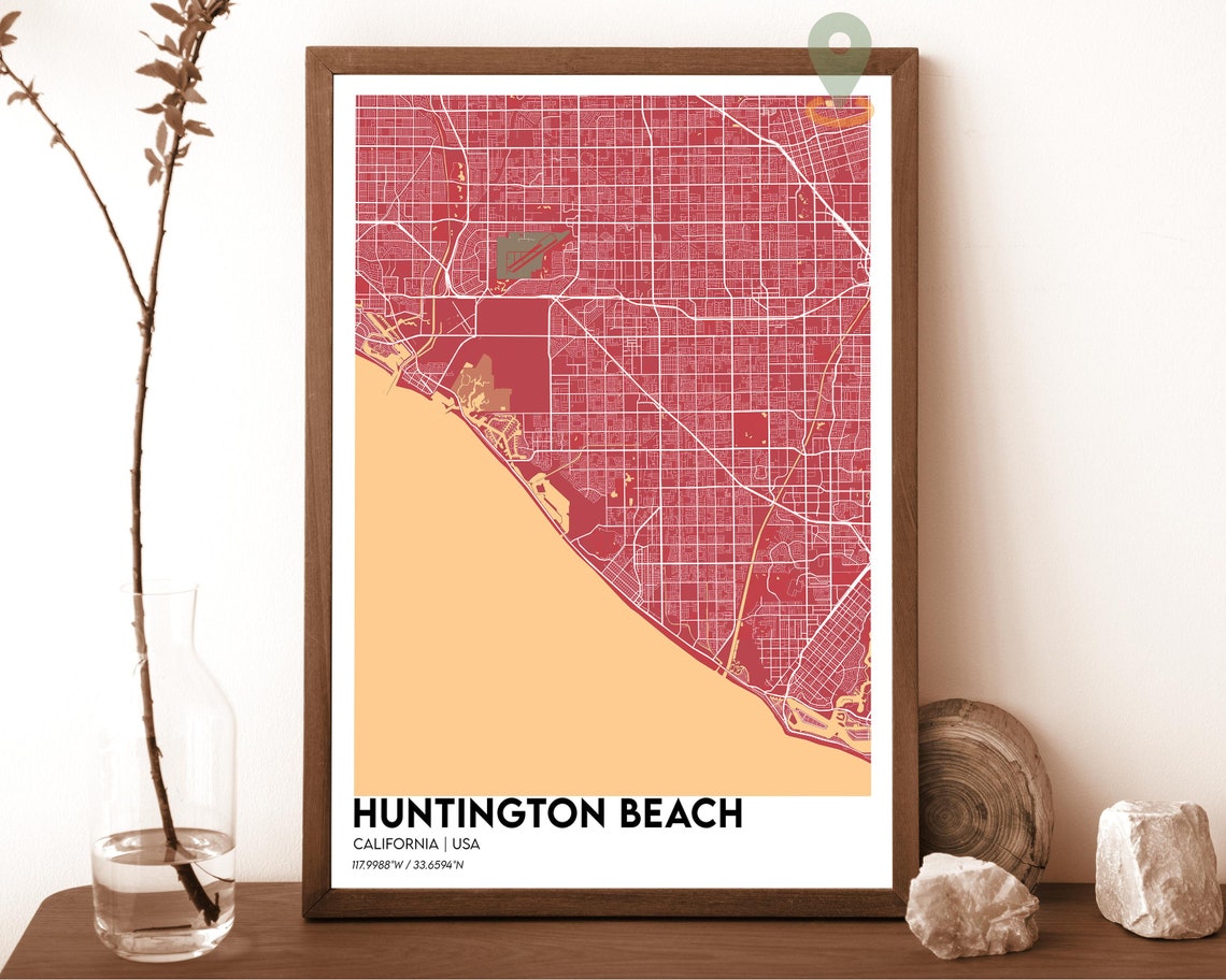 Huntington Beach California Modern City Map Coral Peach Poster