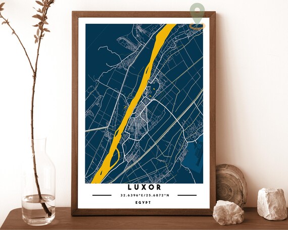 Luxor Egypt City Street Map Nile River Gold Poster Wall Decor