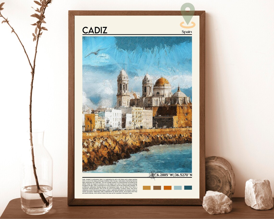 Cadiz Spain Seaside Cathedral Watercolor Painting Travel Poster