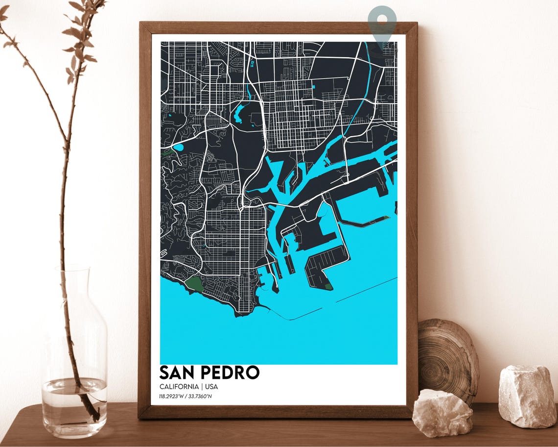 San Pedro California Dark Cyan Harbor City Map Home Decor Poster