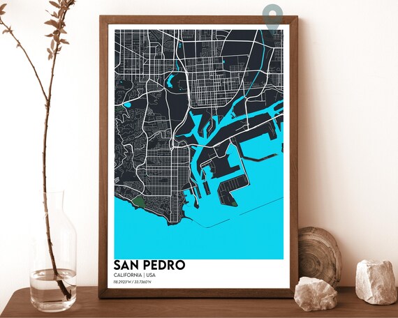 San Pedro California Dark Cyan Harbor City Map Home Decor Poster