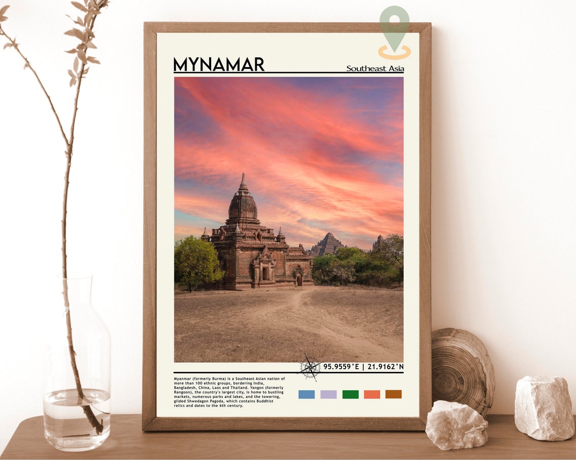 Myanmar Southeast Asia Ancient Bagan Temple Sunset Travel Poster