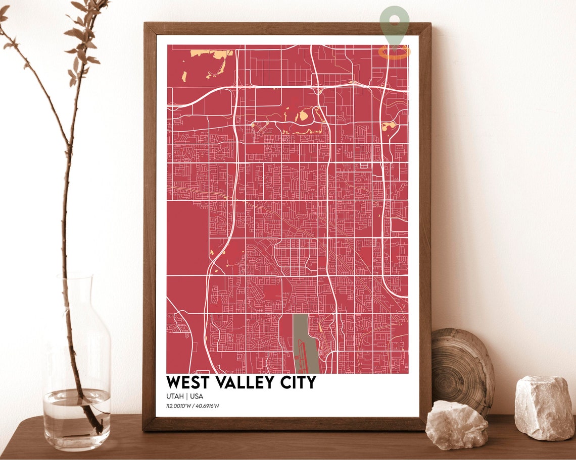 West Valley City Utah Map Poster Cream Burgundy Minimalist Art - Image 3